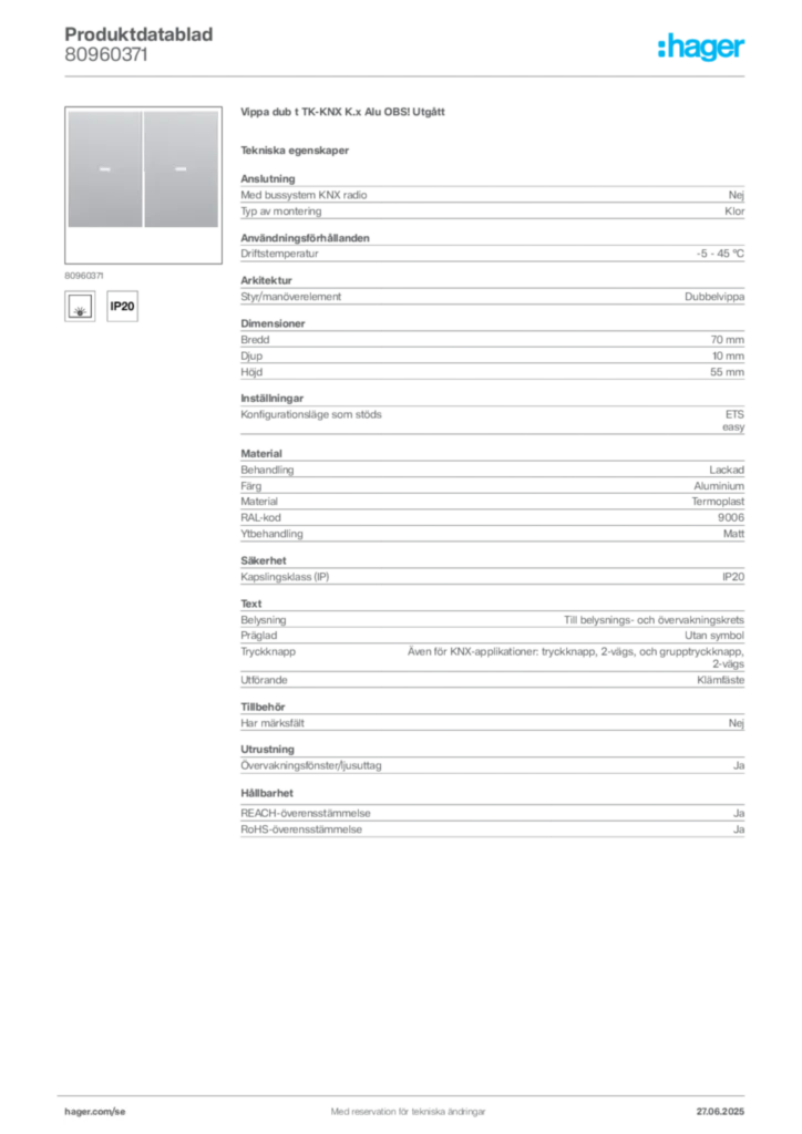 Bild Hager Produktdatablad 80960371 | Hager Sverige