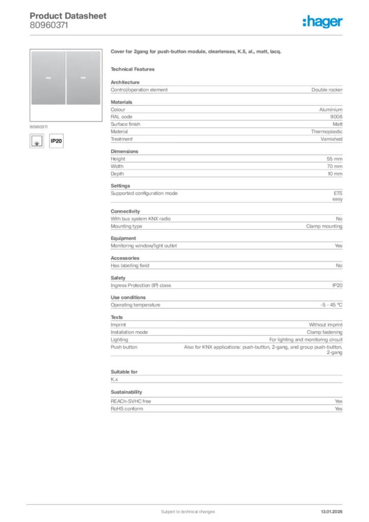 Image Hager Product data sheet 80960371  | Hager