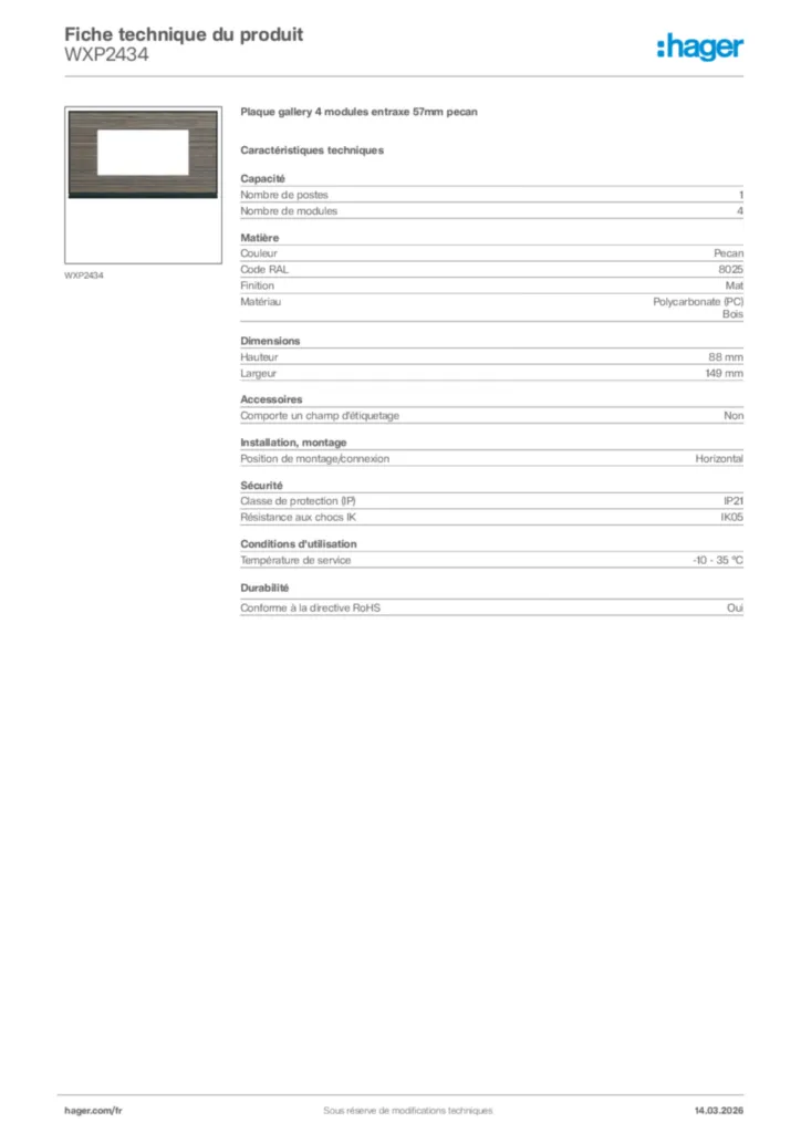 Image Hager Fiche technique du produit WXP2434 | Hager France