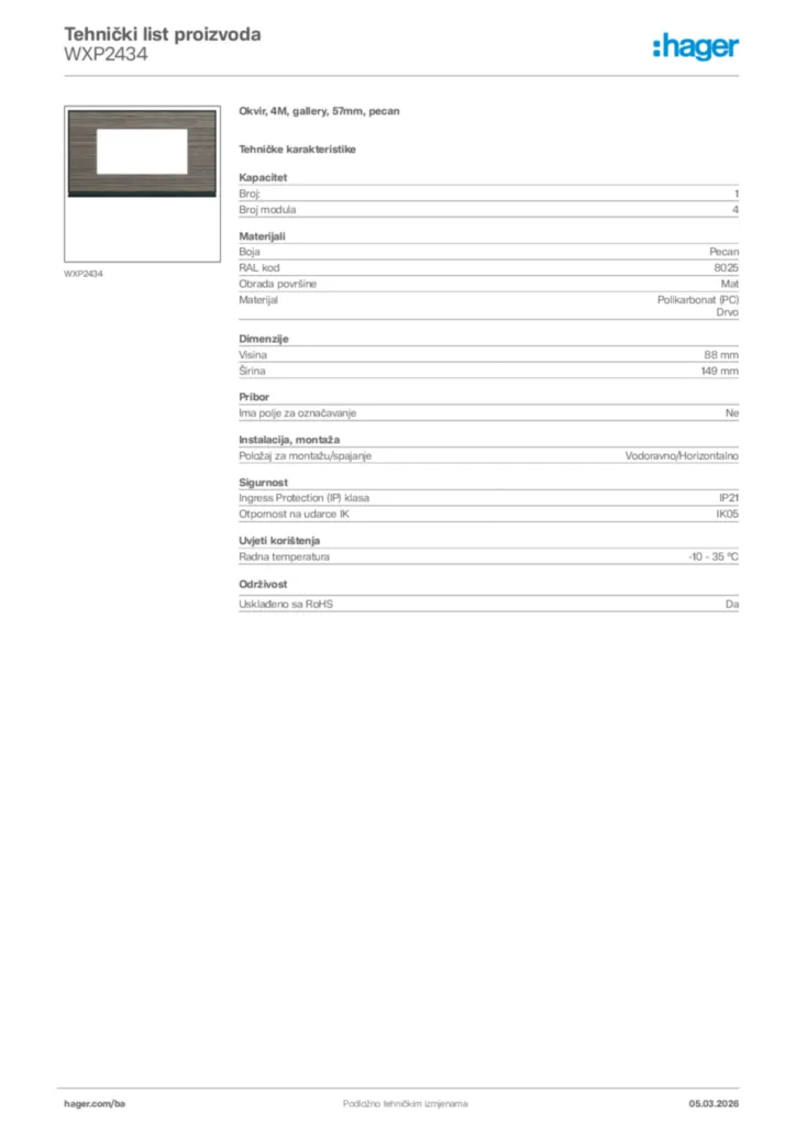 Slika Hager Tehnički list proizvoda WXP2434  | Hager