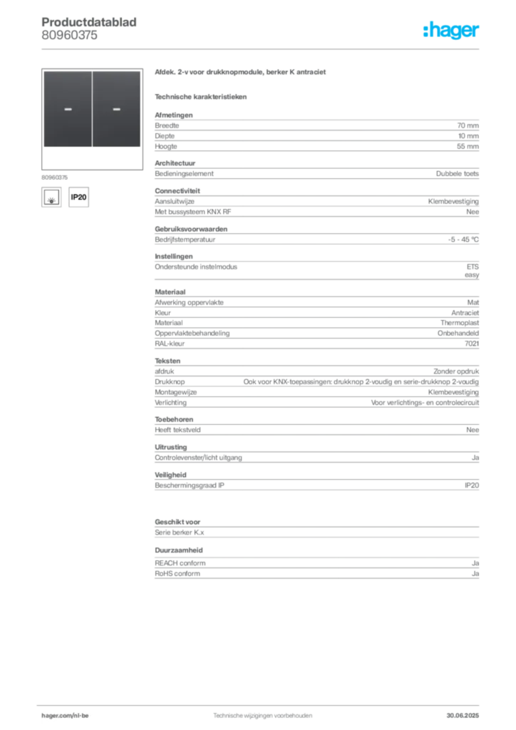 Afbeelding Hager Productdatablad 80960375 | Hager Belgium