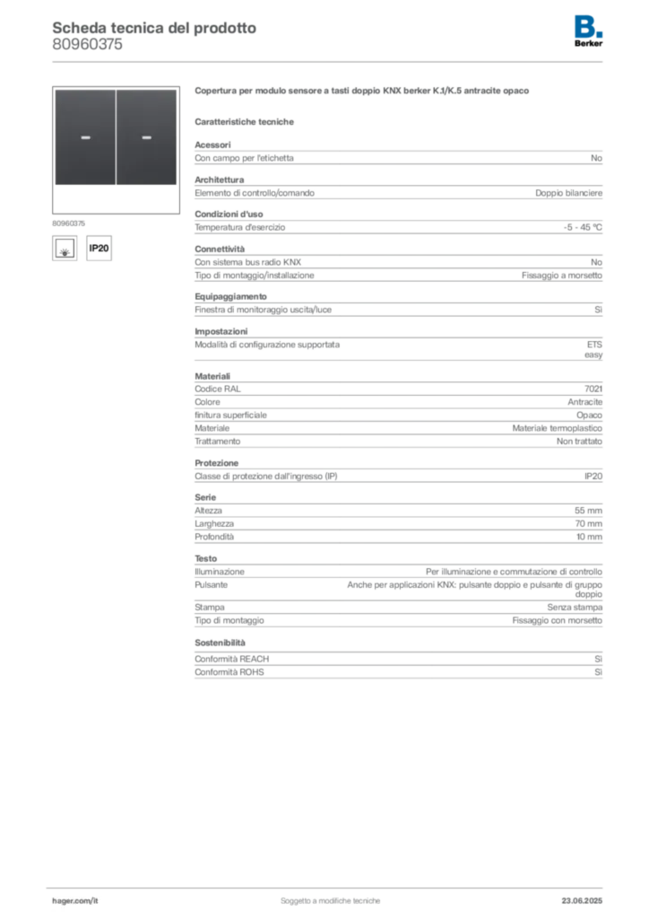 Immagine Berker Scheda tecnica del prodotto 80960375 | Hager Italia