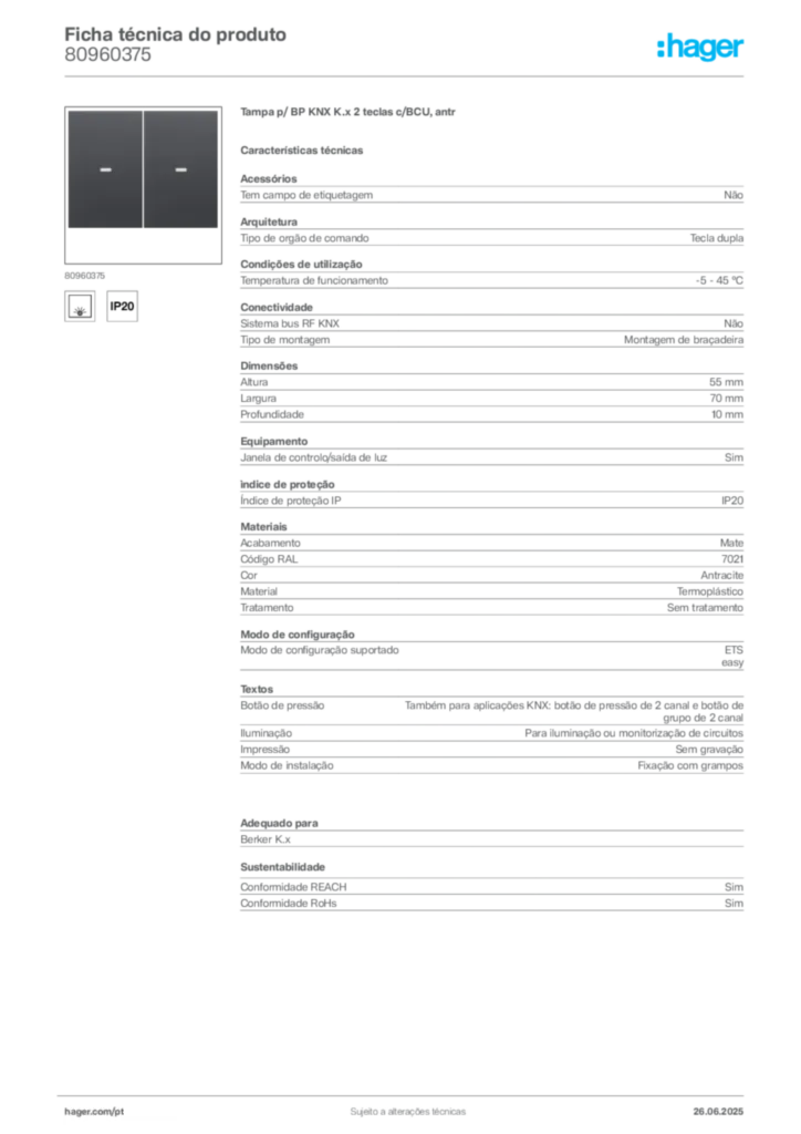 Imagem Hager Ficha técnica do produto 80960375 | Hager Portugal