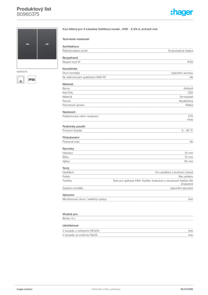 Obrázek Hager Produktový list 80960375 | Hager