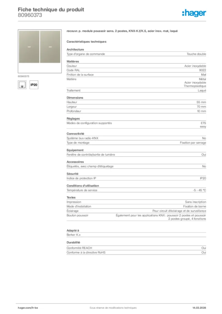 Image Hager Fiche technique du produit 80960373 | Hager Belgique