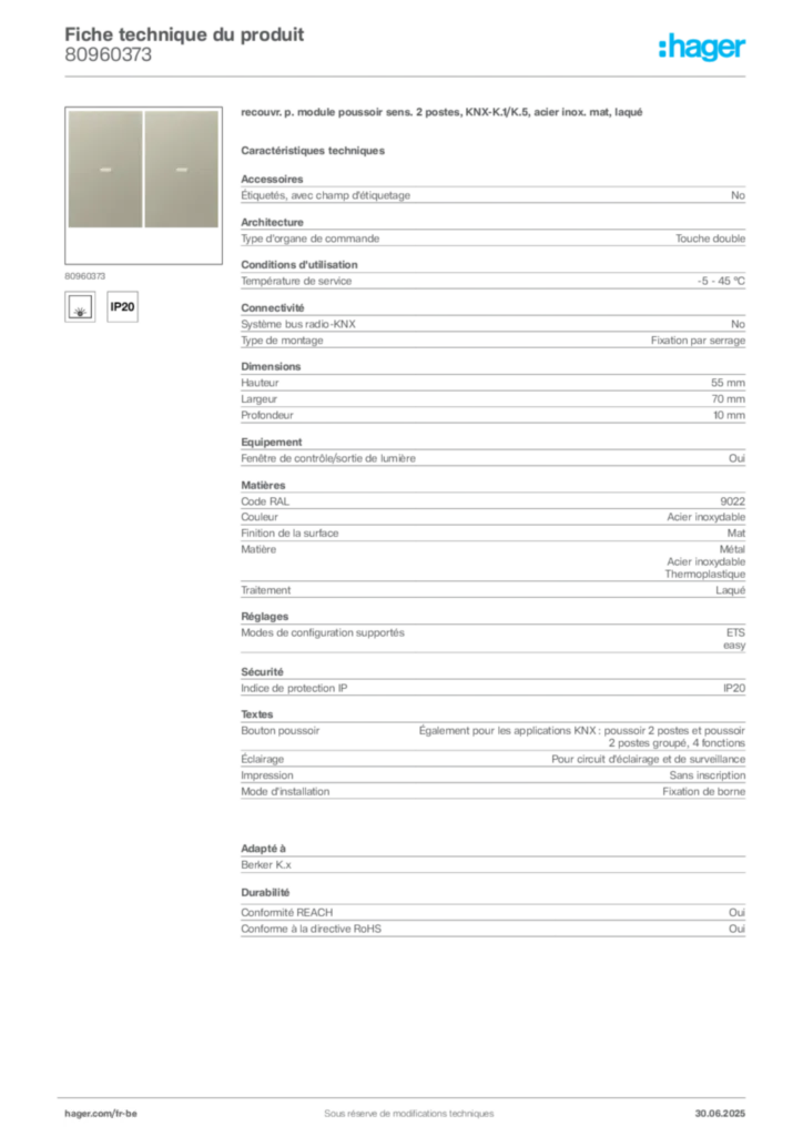 Image Hager Fiche technique du produit 80960373 | Hager Belgique