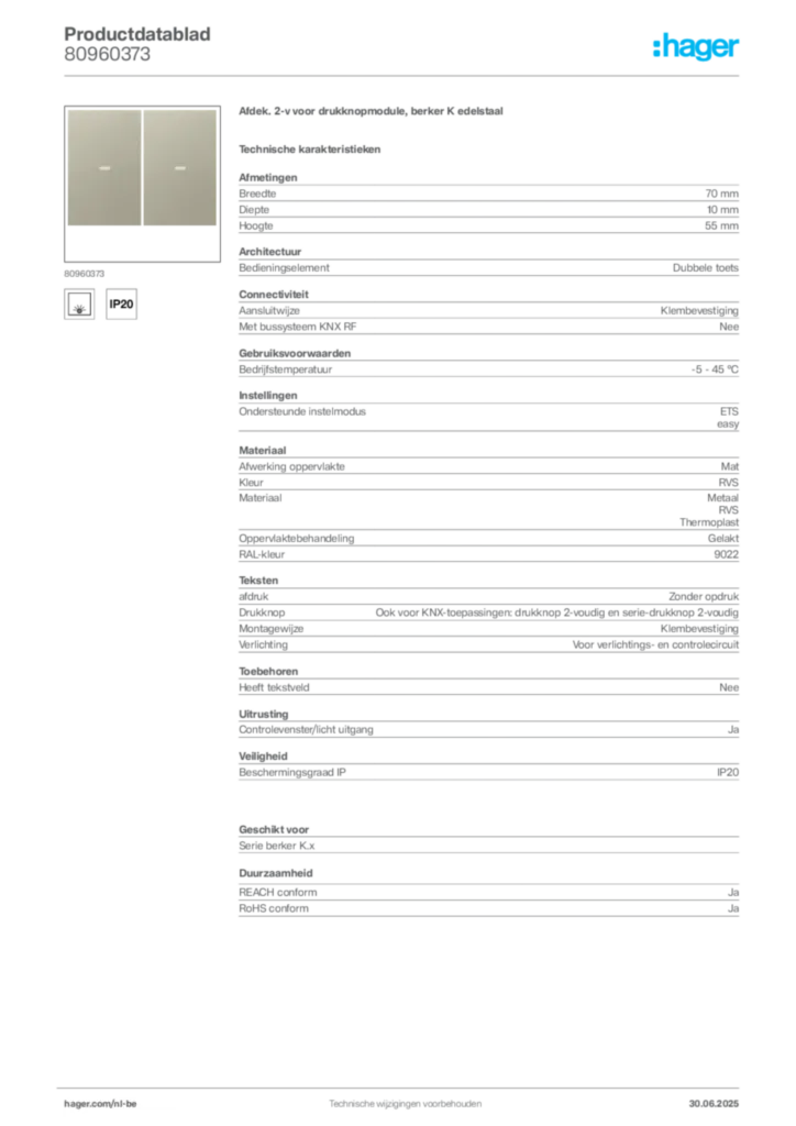 Afbeelding Hager Productdatablad 80960373 | Hager Belgium