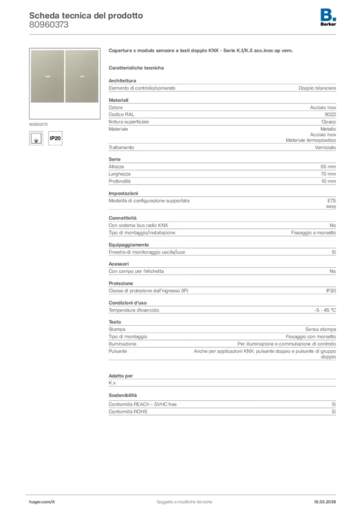Immagine Berker Scheda tecnica del prodotto 80960373 | Hager Italia