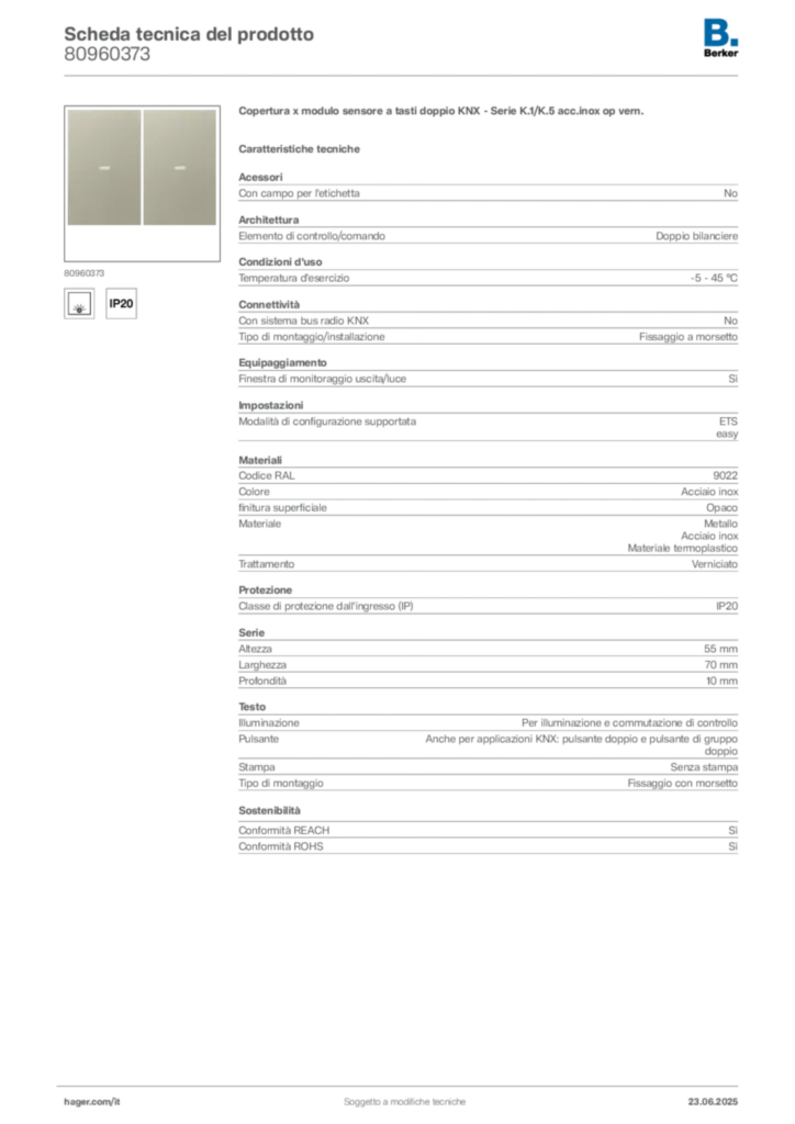 Immagine Berker Scheda tecnica del prodotto 80960373 | Hager Italia