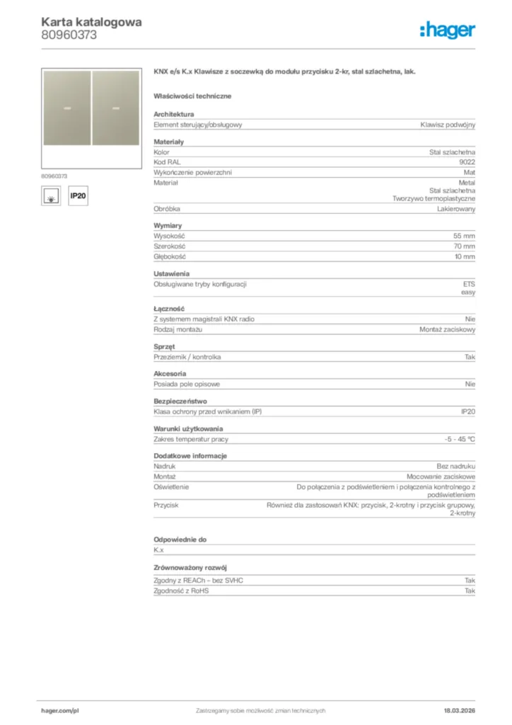 Zdjęcie Hager Karta katalogowa 80960373 | Hager Polska