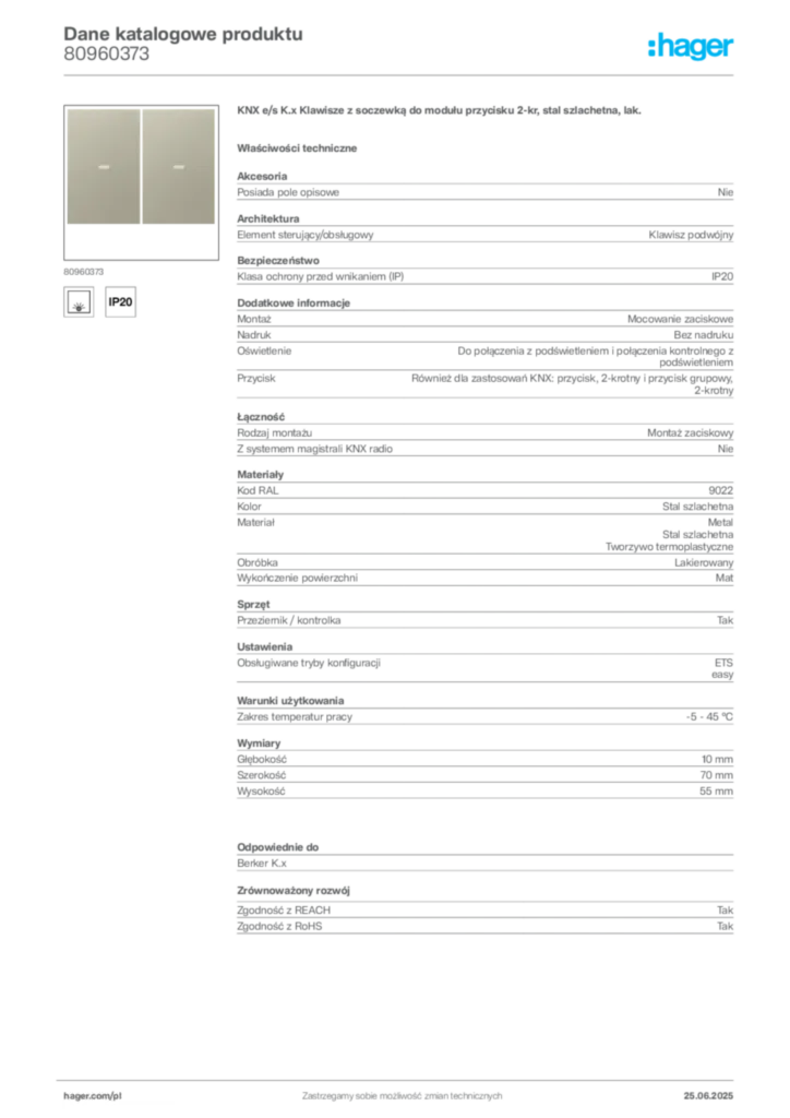 Zdjęcie Hager Dane katalogowe produktu 80960373 | Hager Polska