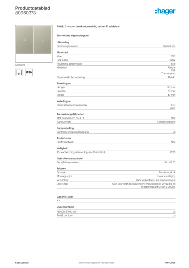 Afbeelding Hager Productdatablad 80960373 | Hager Nederland