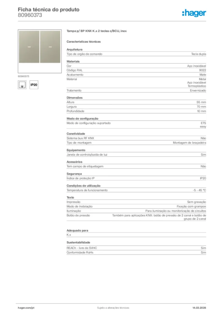 Imagem Hager Ficha técnica do produto 80960373 | Hager Portugal