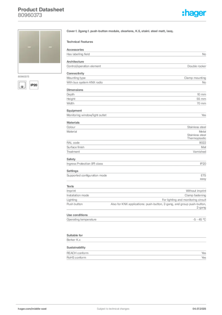 Image Hager Product data sheet 80960373  | Hager