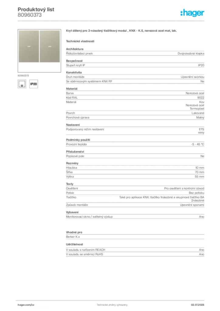 Obrázek Hager Produktový list 80960373 | Hager