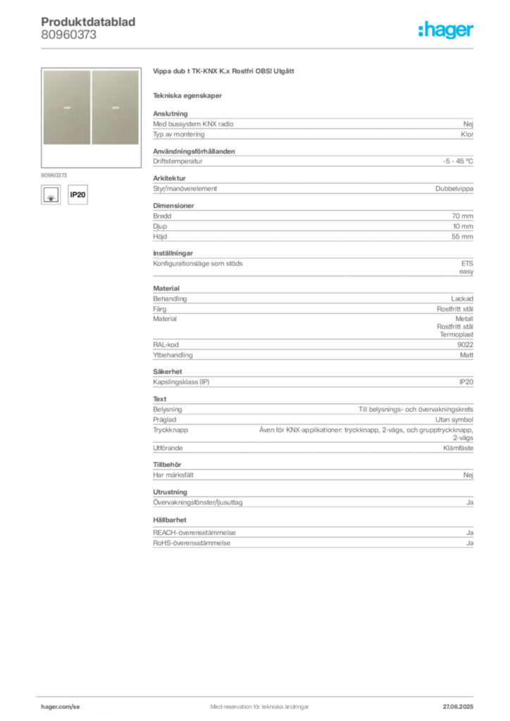Bild Hager Produktdatablad 80960373 | Hager Sverige