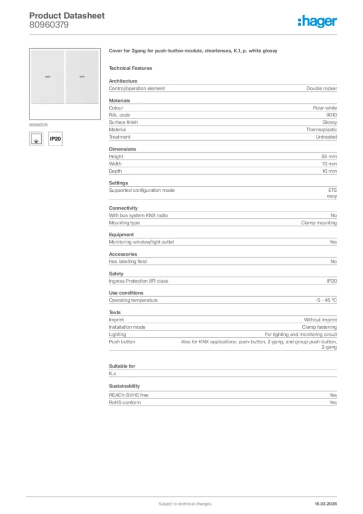 Image Hager Product data sheet 80960379  | Hager Africa
