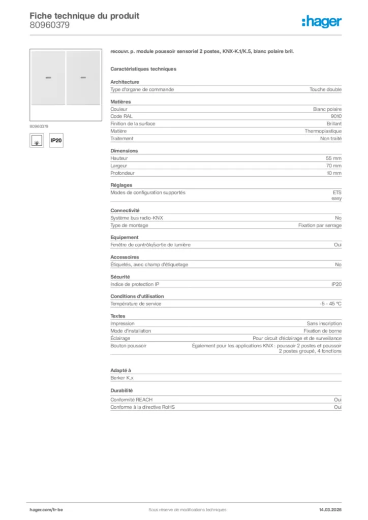 Image Hager Fiche technique du produit 80960379 | Hager Belgique