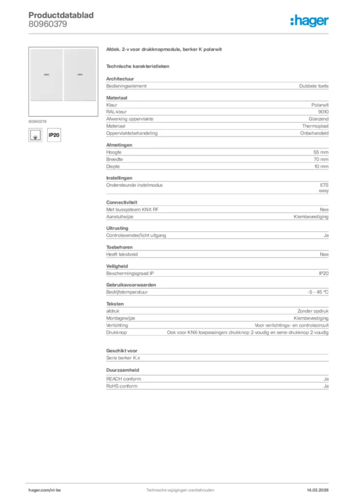 Afbeelding Hager Productdatablad 80960379 | Hager Belgium