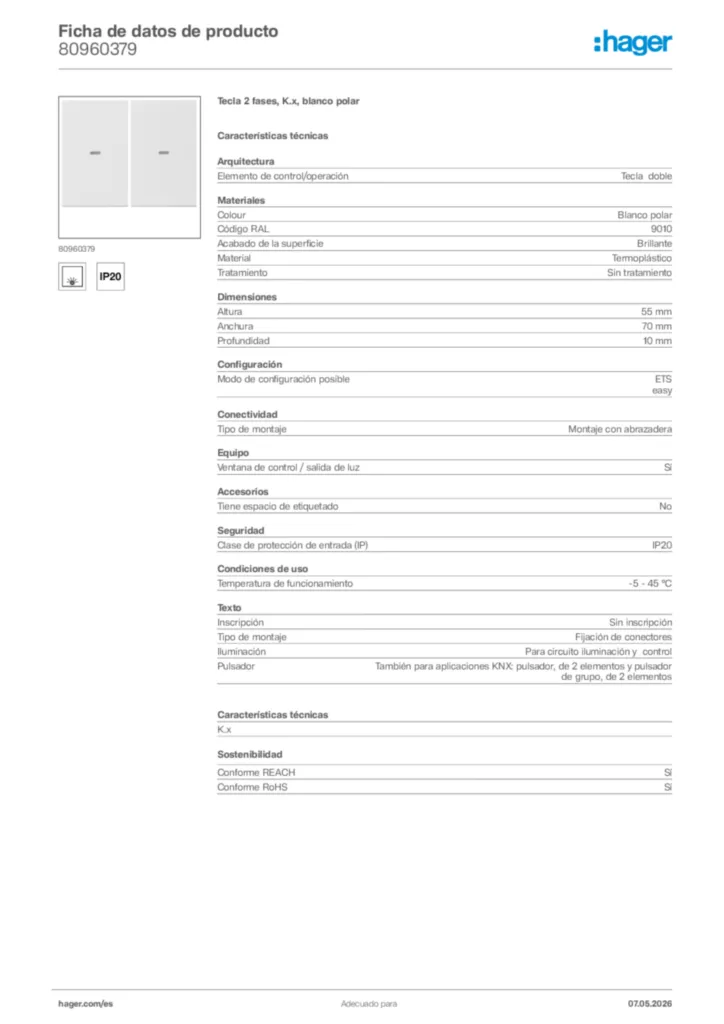 Imagen Hager Ficha de datos de producto 80960379 | Hager España