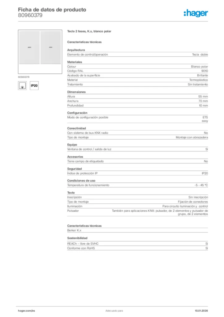 Imagen Hager Ficha de datos de producto 80960379 | Hager España