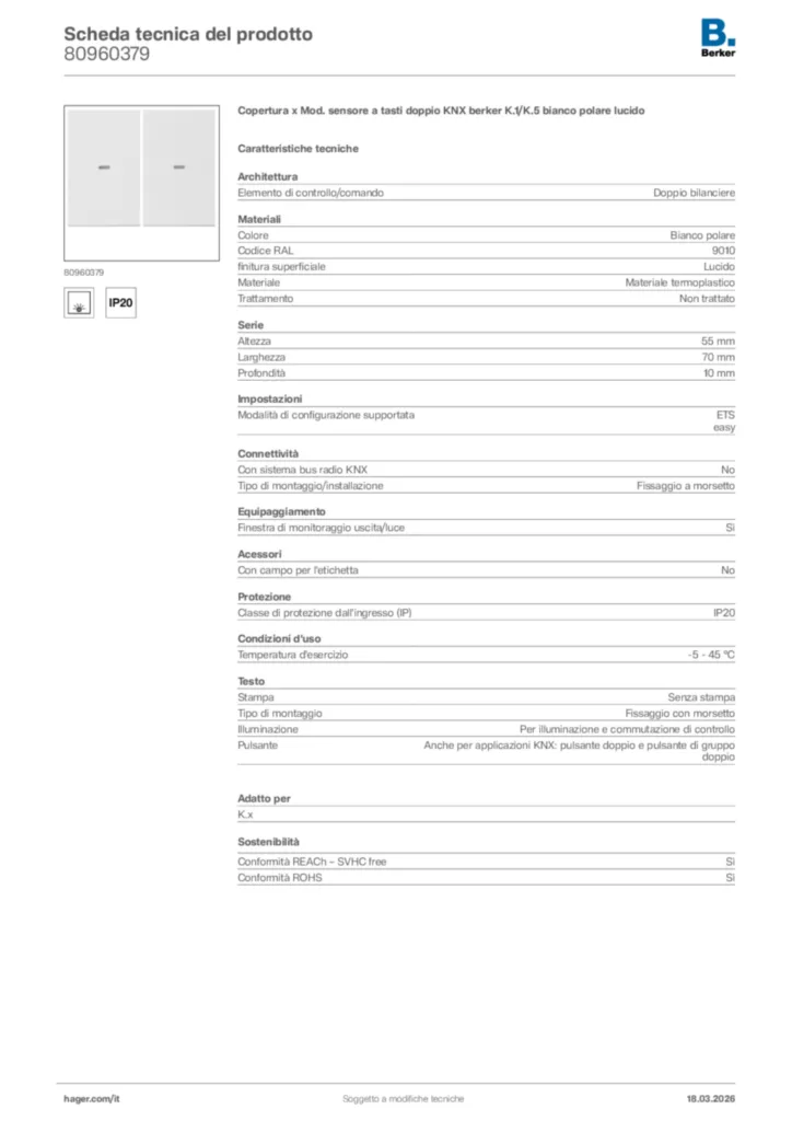 Immagine Berker Scheda tecnica del prodotto 80960379 | Hager Italia