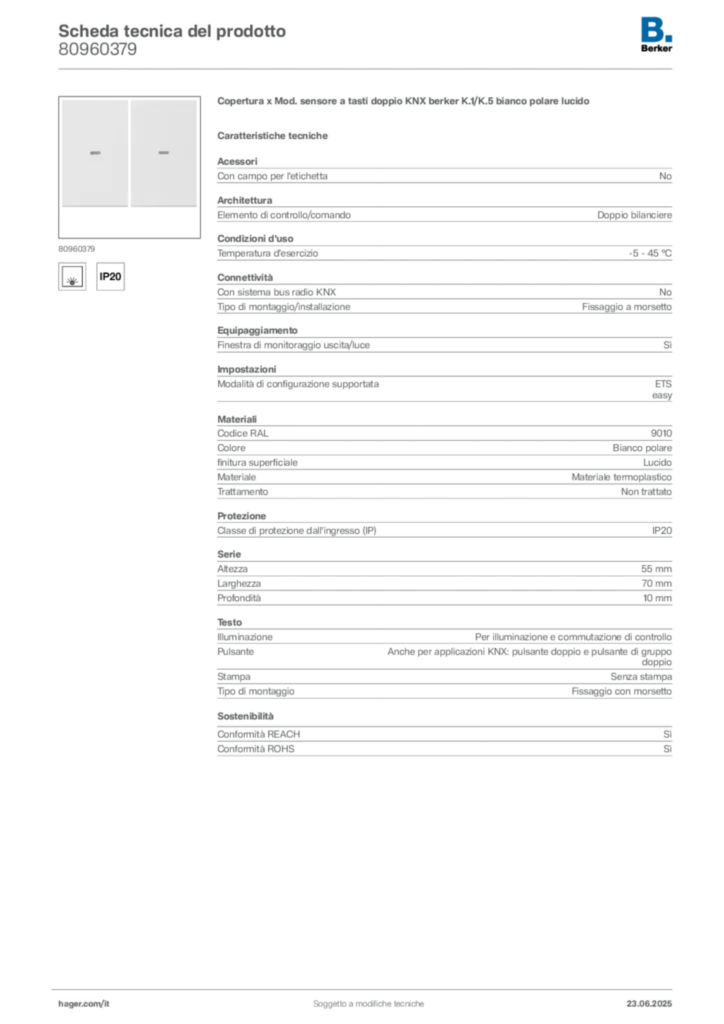 Immagine Berker Scheda tecnica del prodotto 80960379 | Hager Italia