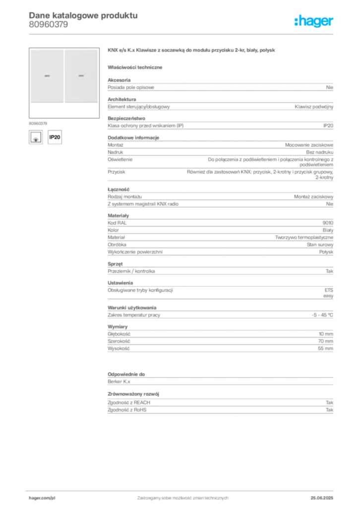 Zdjęcie Hager Dane katalogowe produktu 80960379 | Hager Polska