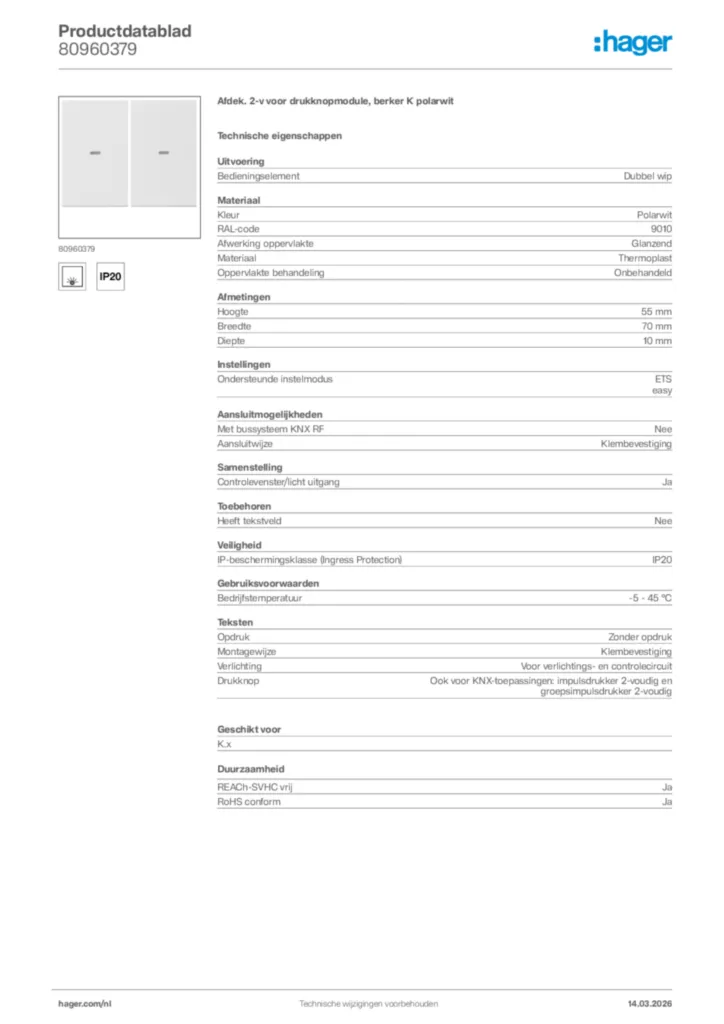 Afbeelding Hager Productdatablad 80960379 | Hager Nederland