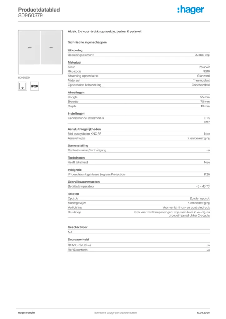 Afbeelding Hager Productdatablad 80960379 | Hager Nederland