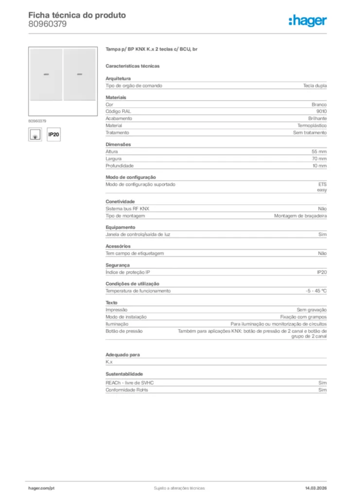 Imagem Hager Ficha técnica do produto 80960379 | Hager Portugal