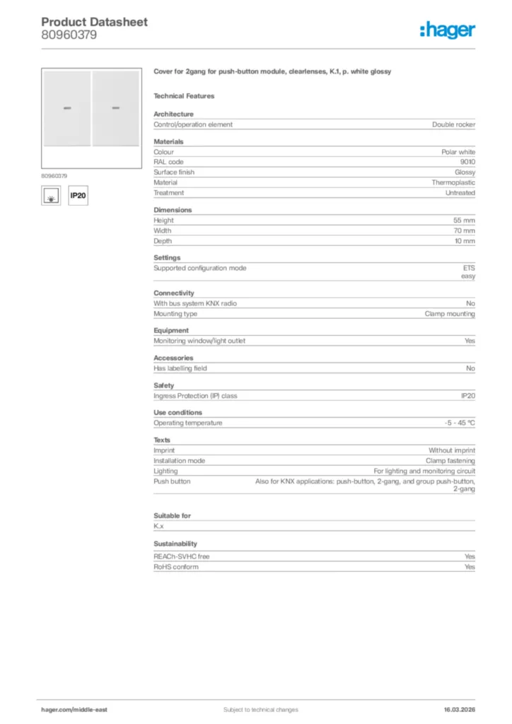 Image Hager Product data sheet 80960379  | Hager