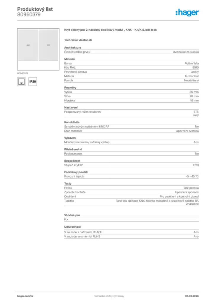 Obrázek Hager Product data sheet 80960379 | Hager