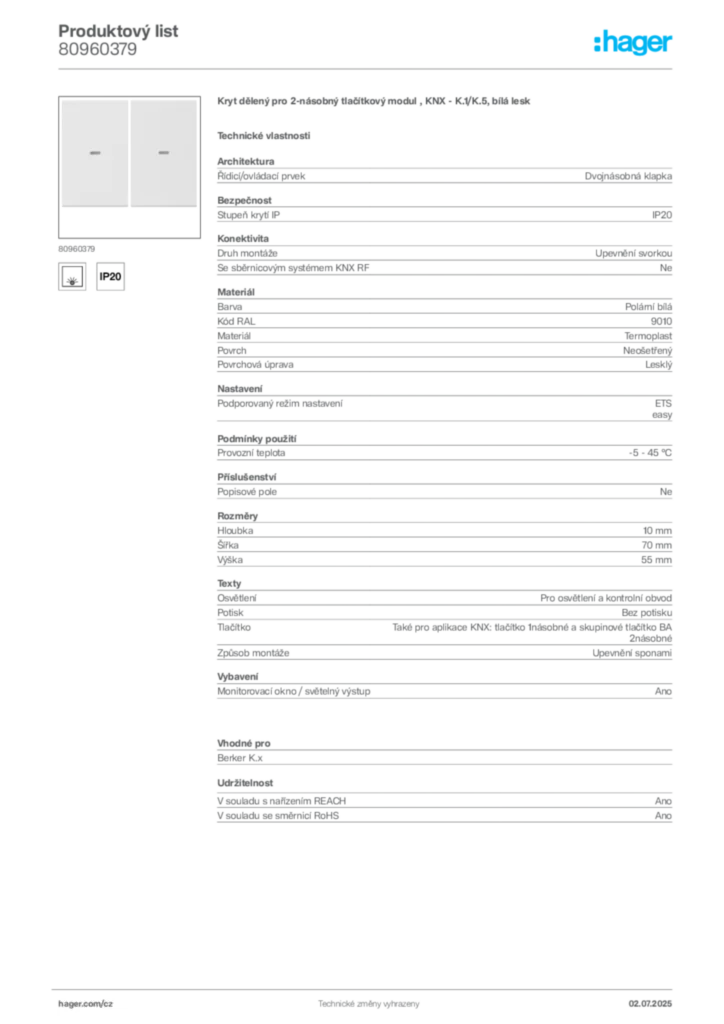 Obrázek Hager Produktový list 80960379 | Hager