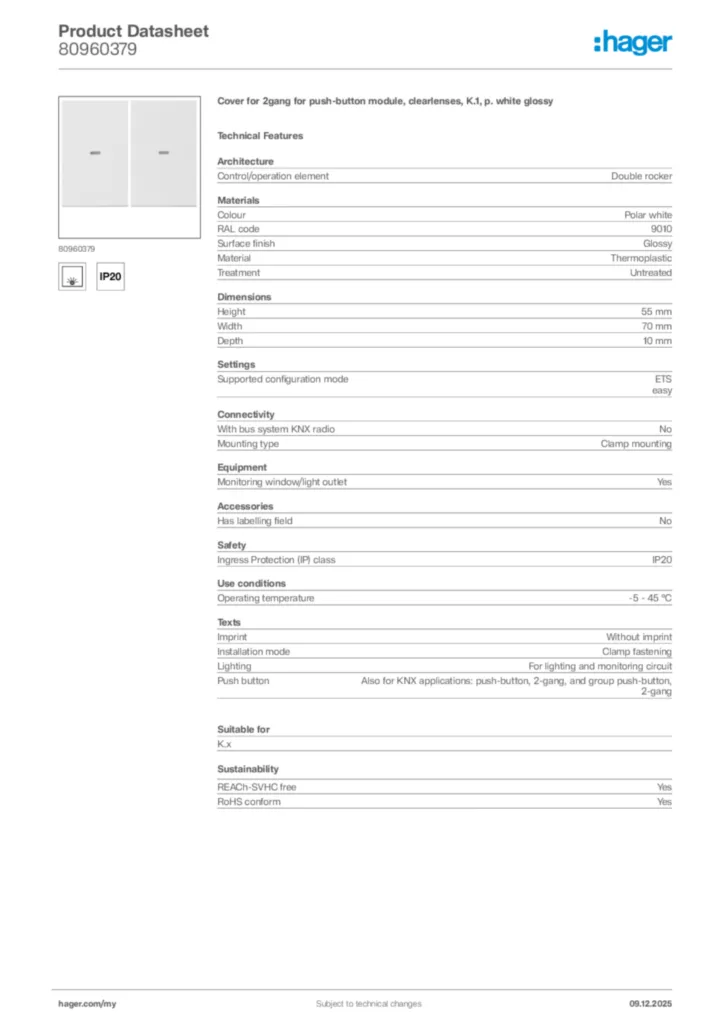 Image Hager Product data sheet 80960379  | Hager