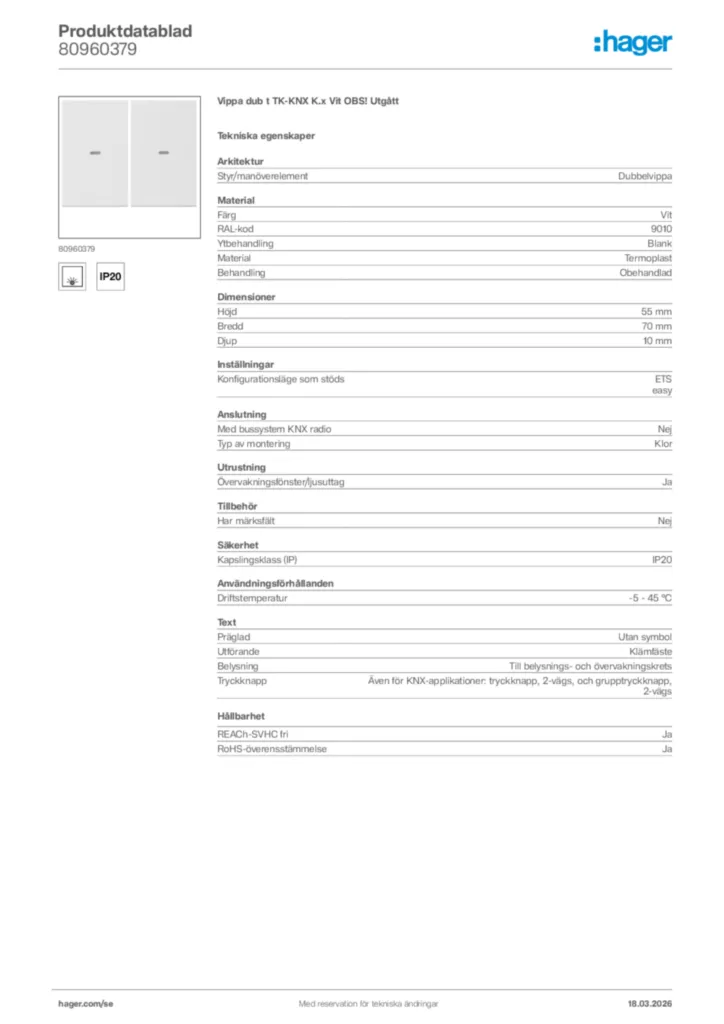 Bild Hager Produktdatablad 80960379 | Hager Sverige