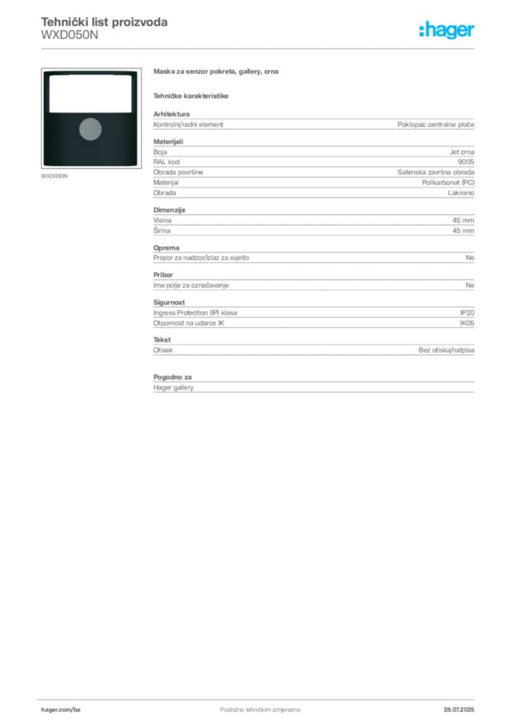 Slika Hager Product data sheet WXD050N  | Hager