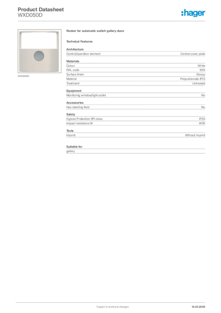 Image Hager Product data sheet WXD050D  | Hager Africa