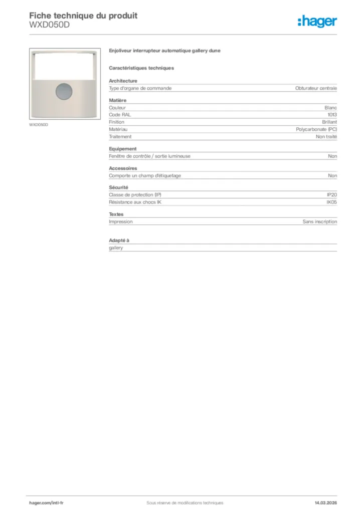 Image Hager Fiche technique du produit WXD050D | Hager Afrique