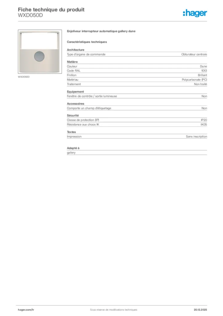 Image Hager Fiche technique du produit WXD050D | Hager France