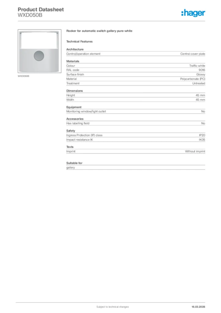 Image Hager Product data sheet WXD050B  | Hager Africa