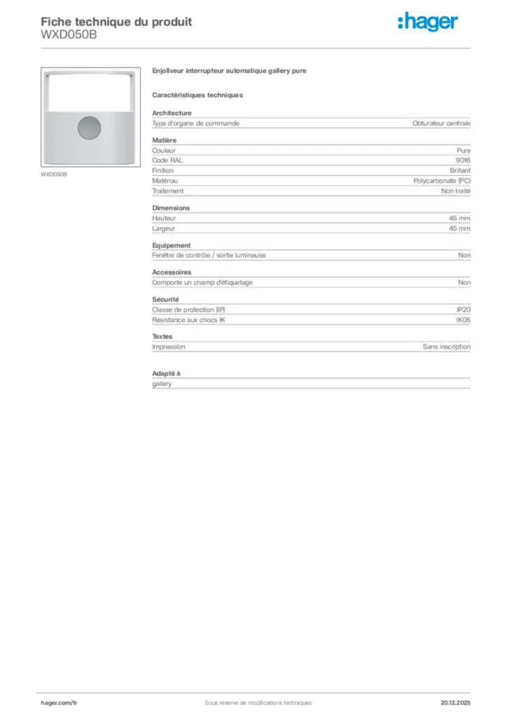 Image Hager Fiche technique du produit WXD050B | Hager France