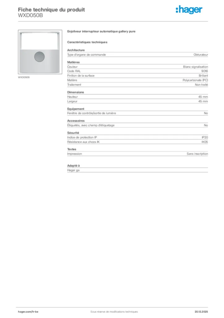 Image Hager Fiche technique du produit WXD050B | Hager Belgique