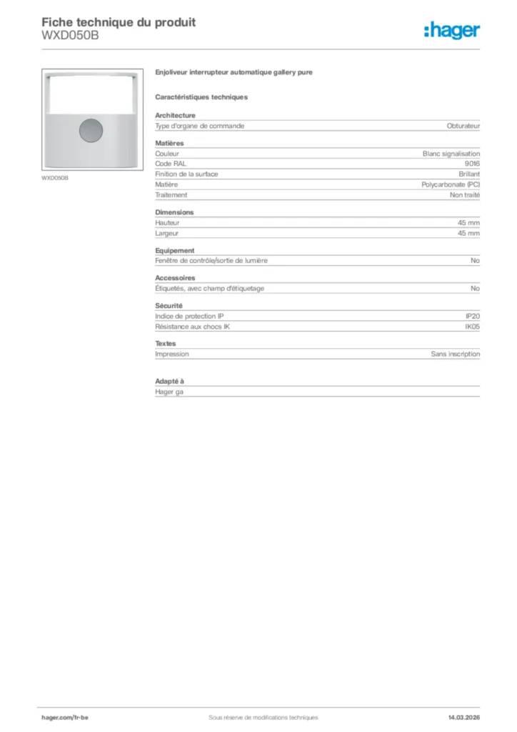 Image Hager Fiche technique du produit WXD050B | Hager Belgique