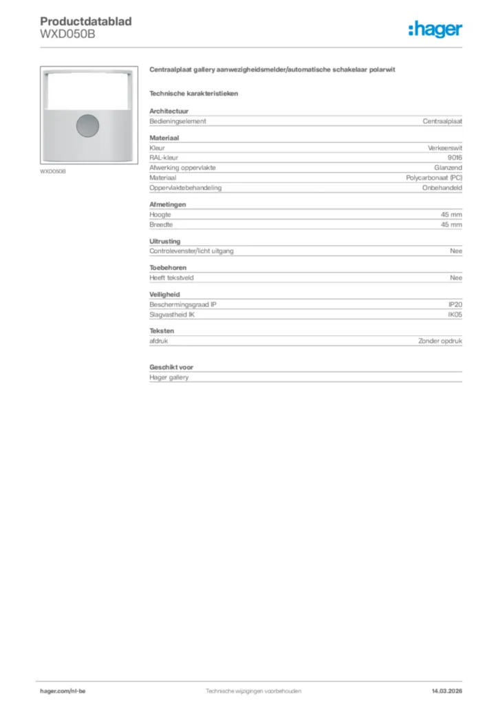 Afbeelding Hager Productdatablad WXD050B | Hager Belgium