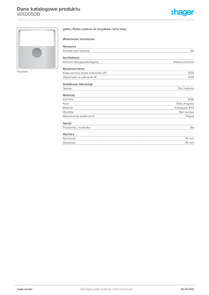 Zdjęcie Hager Dane katalogowe produktu WXD050B | Hager Polska