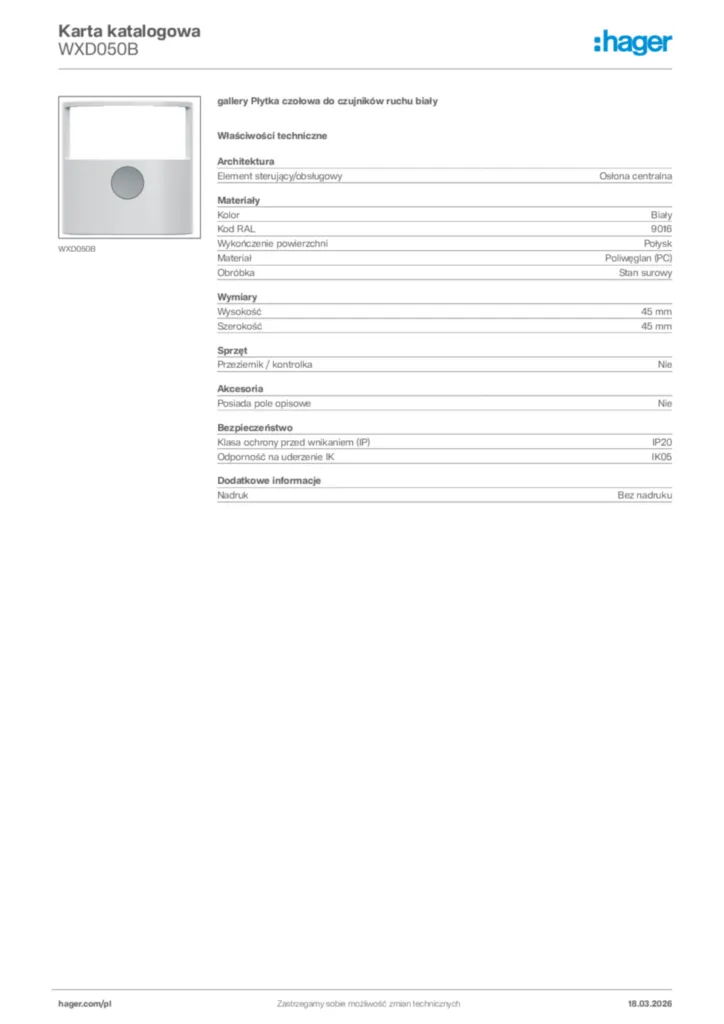 Zdjęcie Hager Karta katalogowa WXD050B | Hager Polska