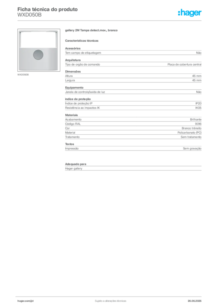 Imagem Hager Ficha técnica do produto WXD050B | Hager Portugal