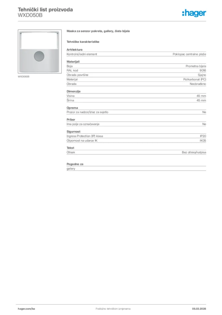 Slika Hager Tehnički list proizvoda WXD050B  | Hager