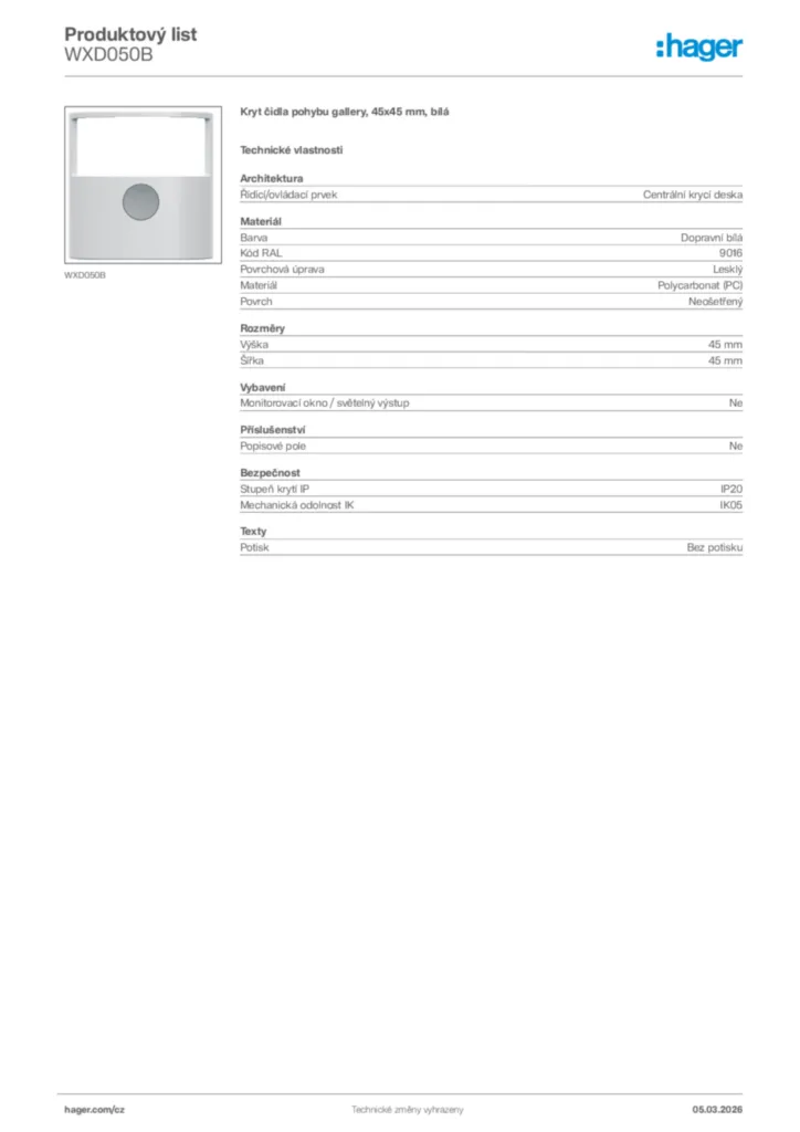 Obrázek Hager Product data sheet WXD050B | Hager